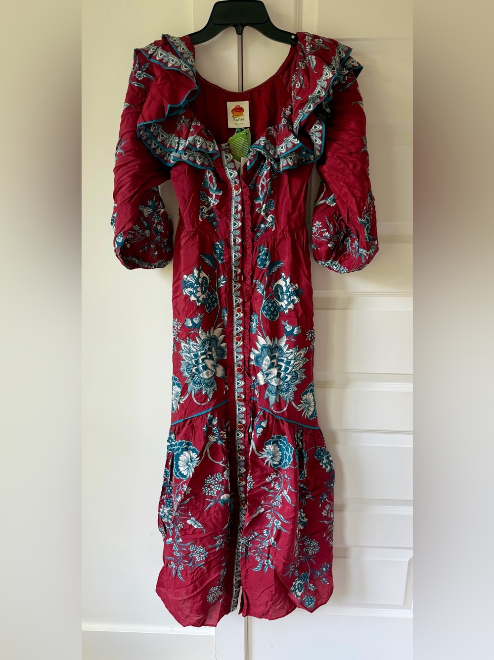 FARM Rio Red Floral Maxi Dress with Teal Accents